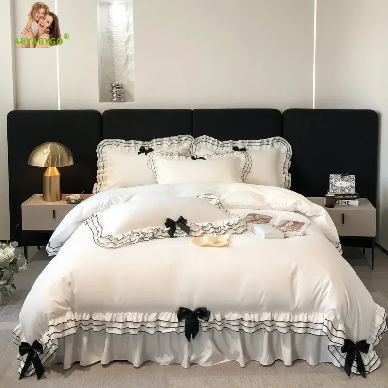 Bedding Set Luxury Princess Bed Linen Multi Layer Ruffle Bow Duvet Cover Set Bed Sheet and Pillowcases Queen Bed Comforter Set