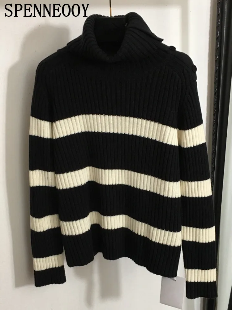 SPENNEOOY Fashion Runway Autumn Winter Striped Knitting Pullovers Women\'s High Neck Loose Long Sleeve Warm Casual Sweaters