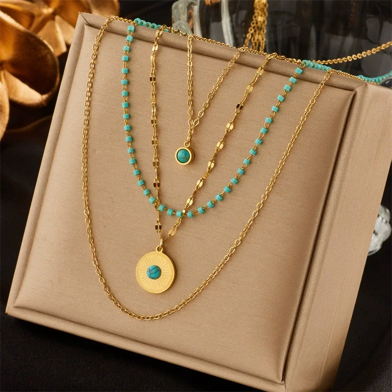 

Gold Tone 316L Stainless Steel Multi-Layer Turquoise Pendant Necklace for Women