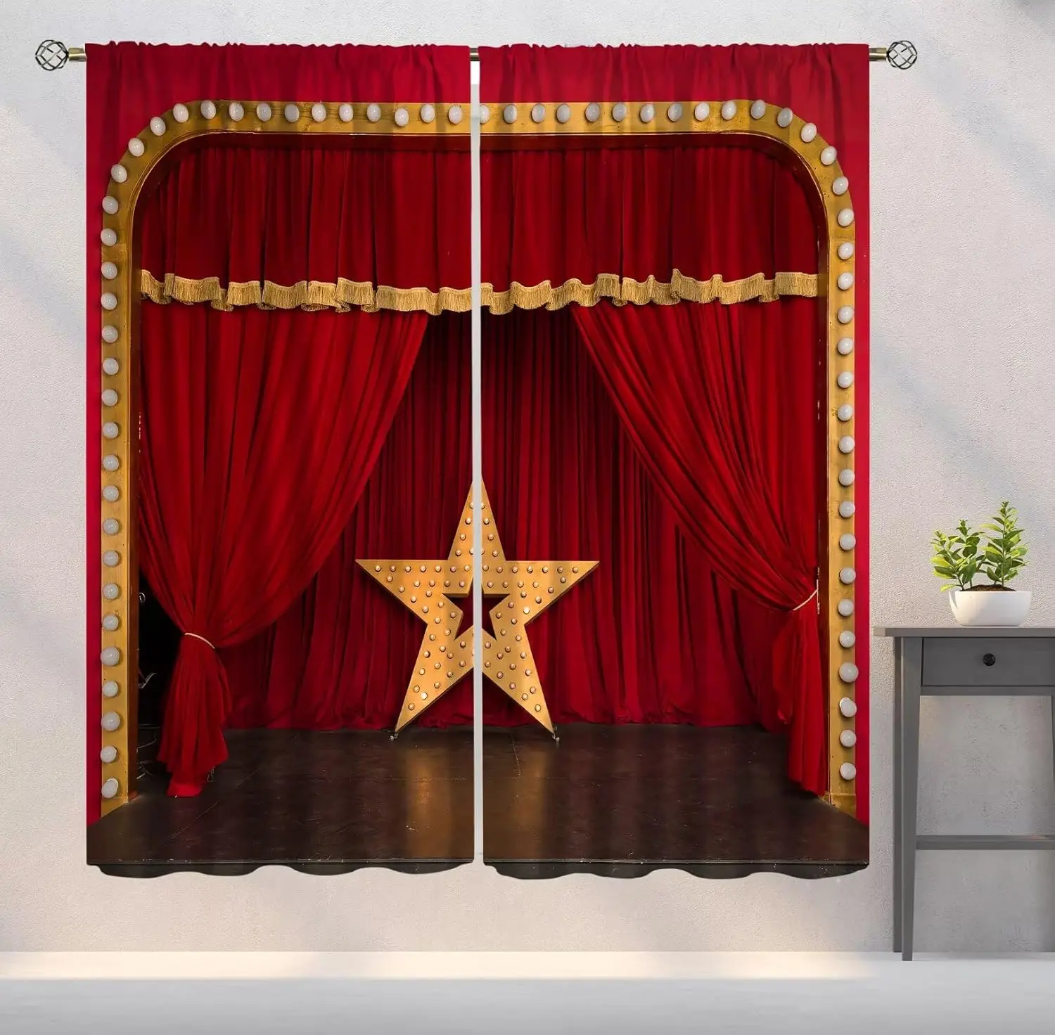 Vintage Theater Curtains, Red Gold Elegant Theater Art Printed Blackout Window Drapes for Bedroom and Living Room, 2 Panels