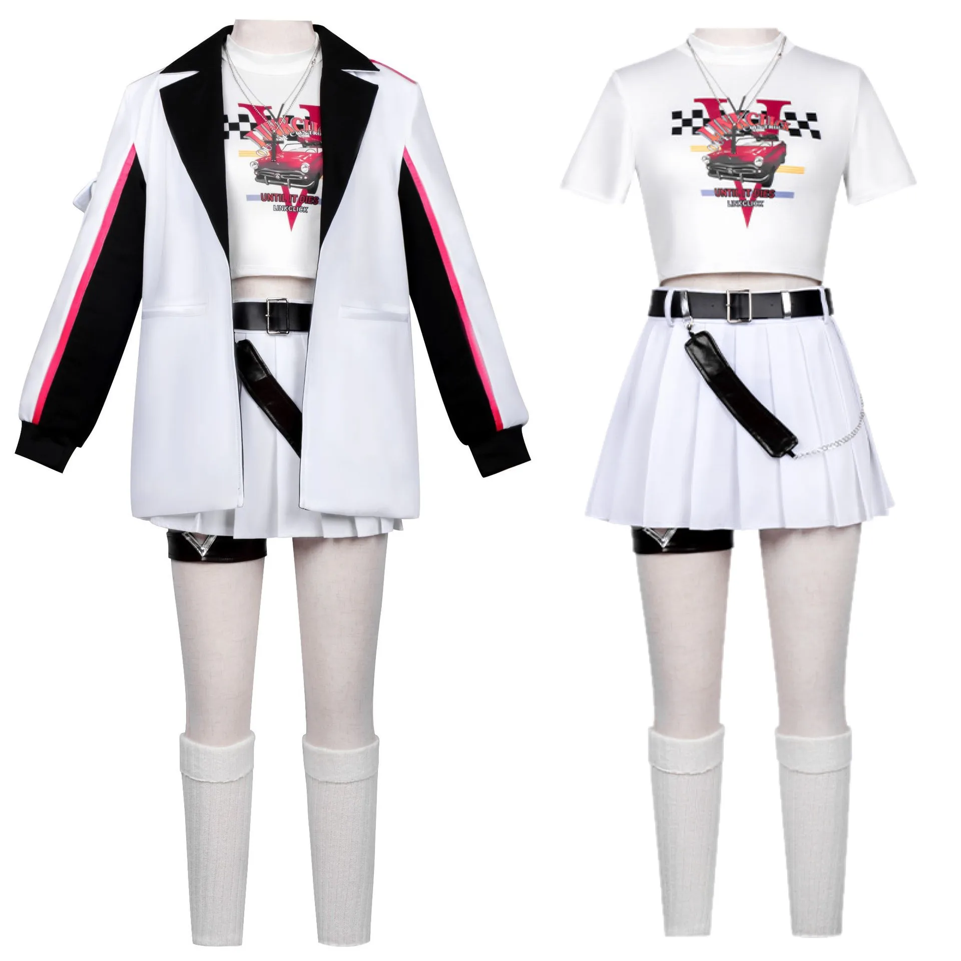 أنيمي لينك انقر تأثيري l لي Tianchen Tianxi تأثيري حلي موحدة شعر مستعار الأبيض الفرقة هوديي تنورة السراويل هالوين للرجل المرأة