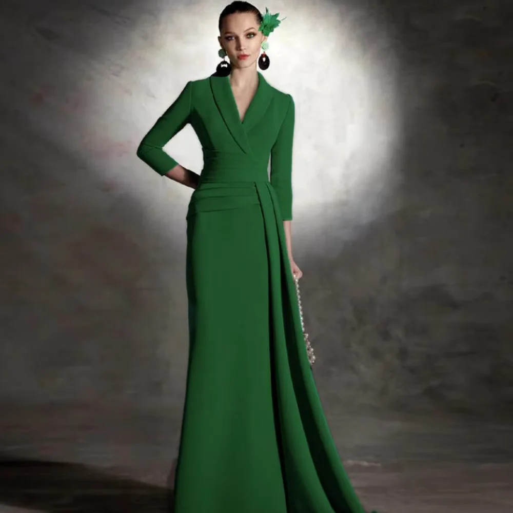 

Vintage Green Customized V Neck Formal Occasion Mother Dresses Elegant Mermaid Satin Wedding Party Gowns Long Sleeves New Dress
