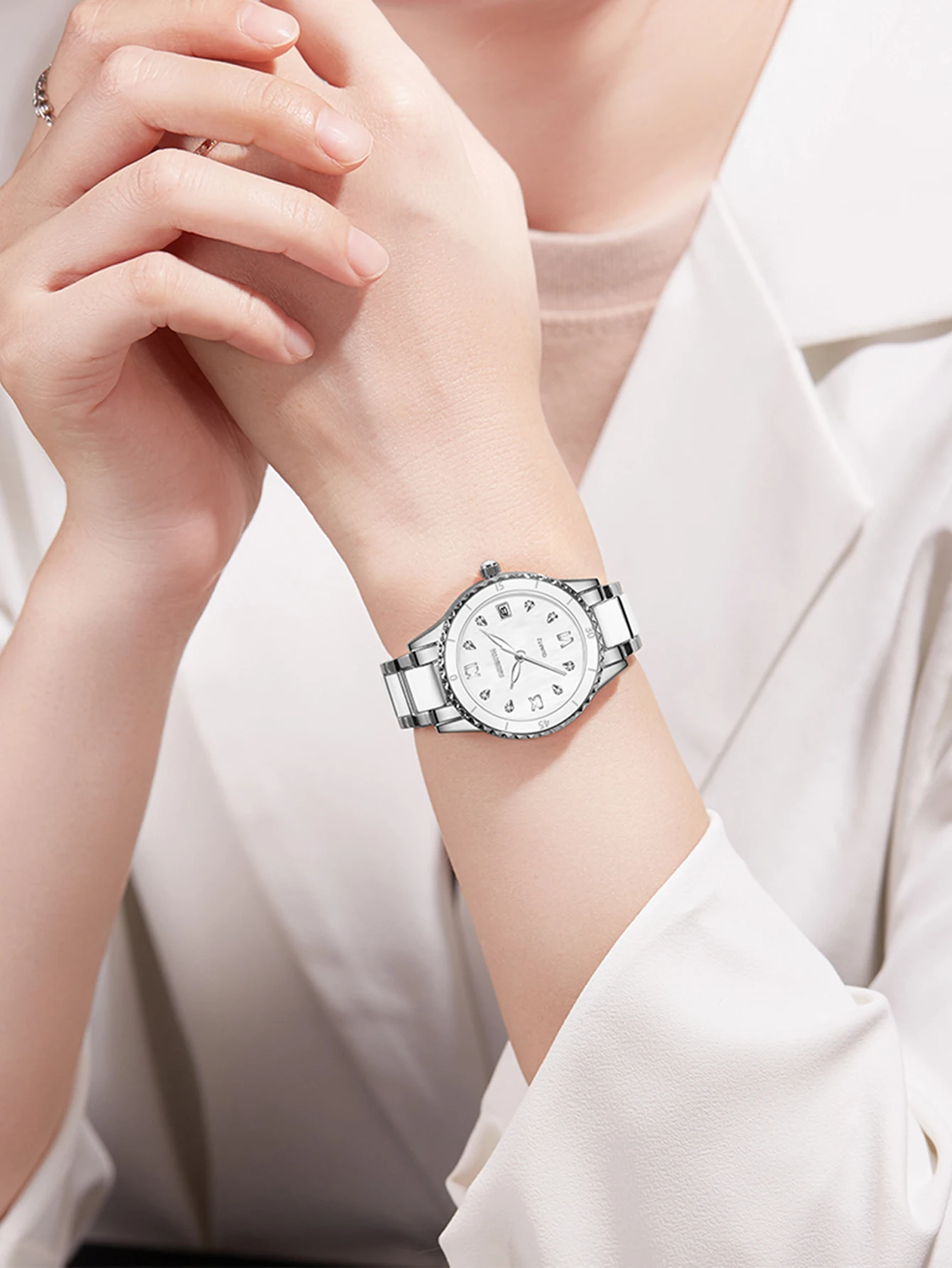 BIDEN Ladies' Watch Anti Ceramic Strap Ladies' Watch Luxury Diamond Inlaid Luminous Pointer Calendar Original Quartz Watch