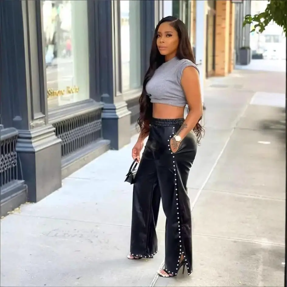 

Кожаные брюки с широкими штанинами и декором из бусин для женщин, модная верхняя одежда для зимнего сезона, 100% кожа.