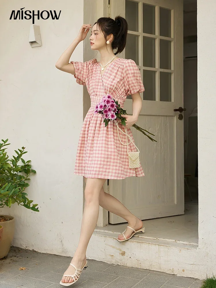 MISHOW Pink Plaid Dress for Women 2023 Summer A-LINE Puff Sleeve V-Neck Retro Pullover Elastic Waist Slim Midi Dress MXC35L1461