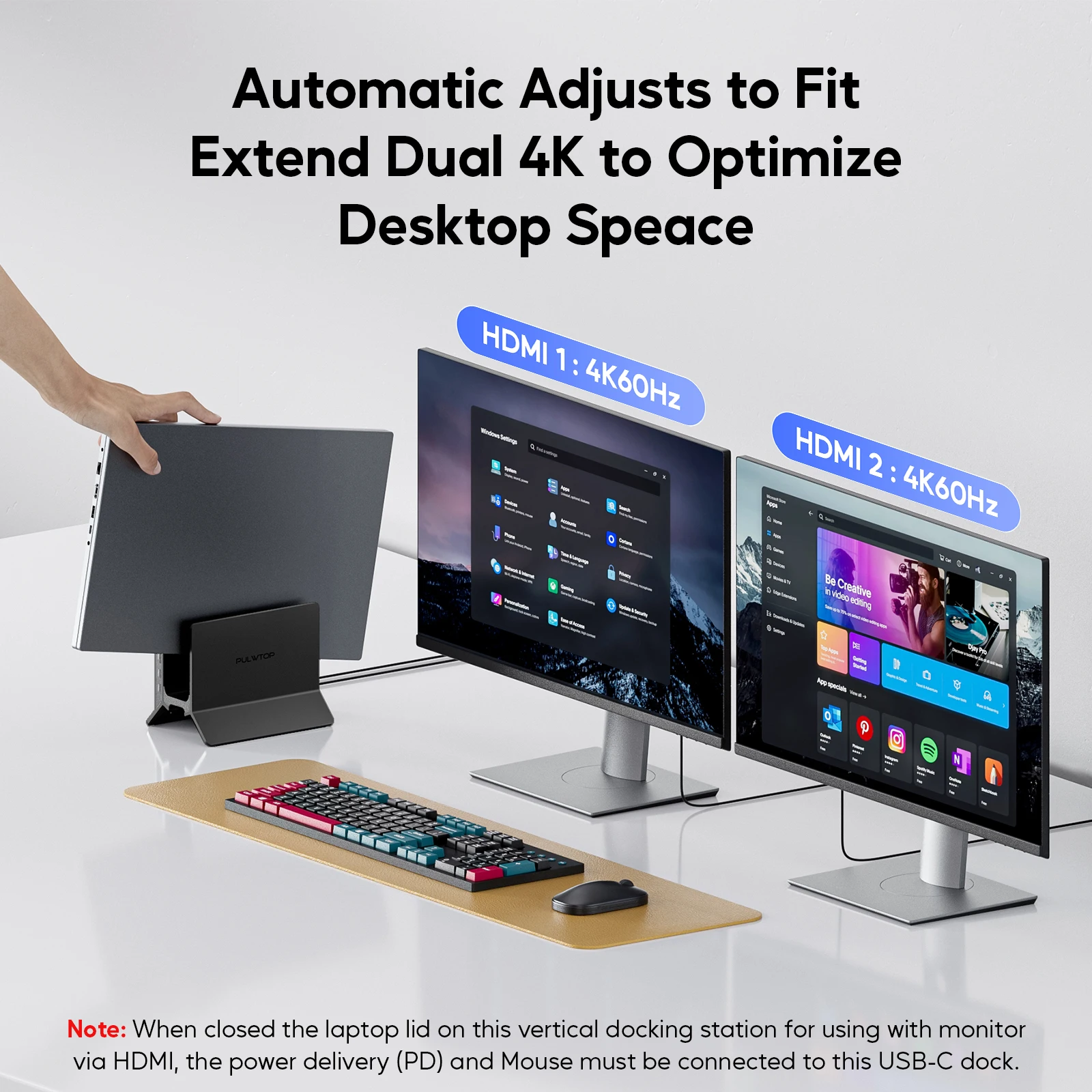 Stacja dokująca PULWTOP USB C z podwójnym monitorem do laptopów typu C, z HDMI 4K@60Hz, USB A/C 10Gbps, Ethernet, USB A 2.0, PD-czarny