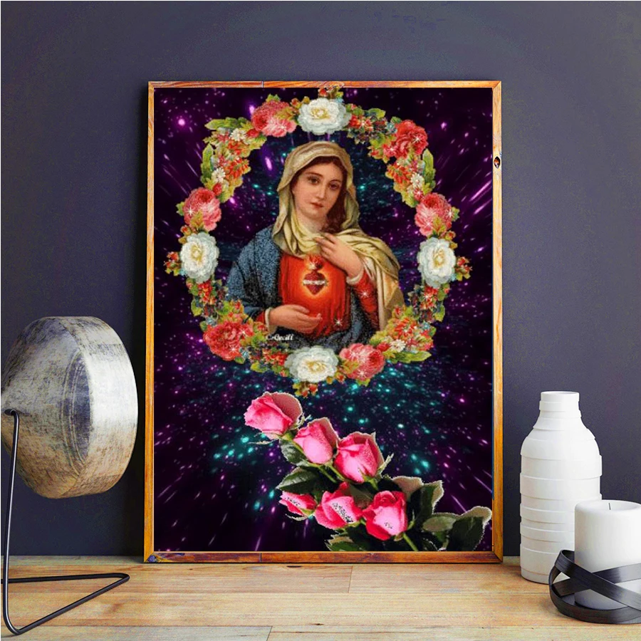 Flower Virgin Mary Diamond Painting DIY Full Diamond Painting Cross Stitch Mosaic wreath Religious Jesus Rhinestone Home Decor