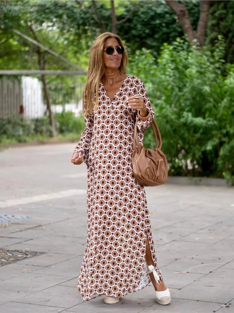 

Women Fashion Printed Loose Side Split Long Dress Spring Autumn Casual V-neck Long Sleeve Dresses Female Elegant Ladies Clothes