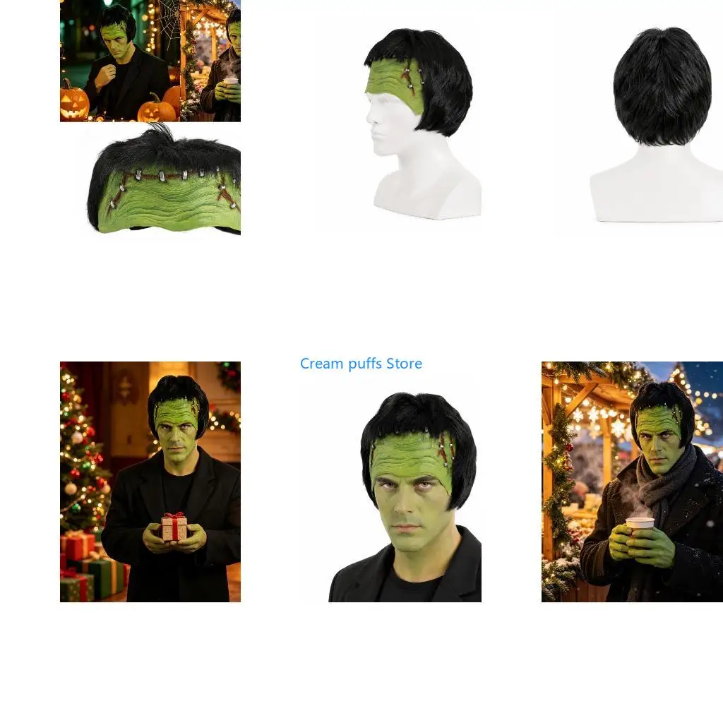 50LE Horror Costume Headpiece for Adults, Half Face Latex Creature Mask with Hair for Halloween Stage Performances