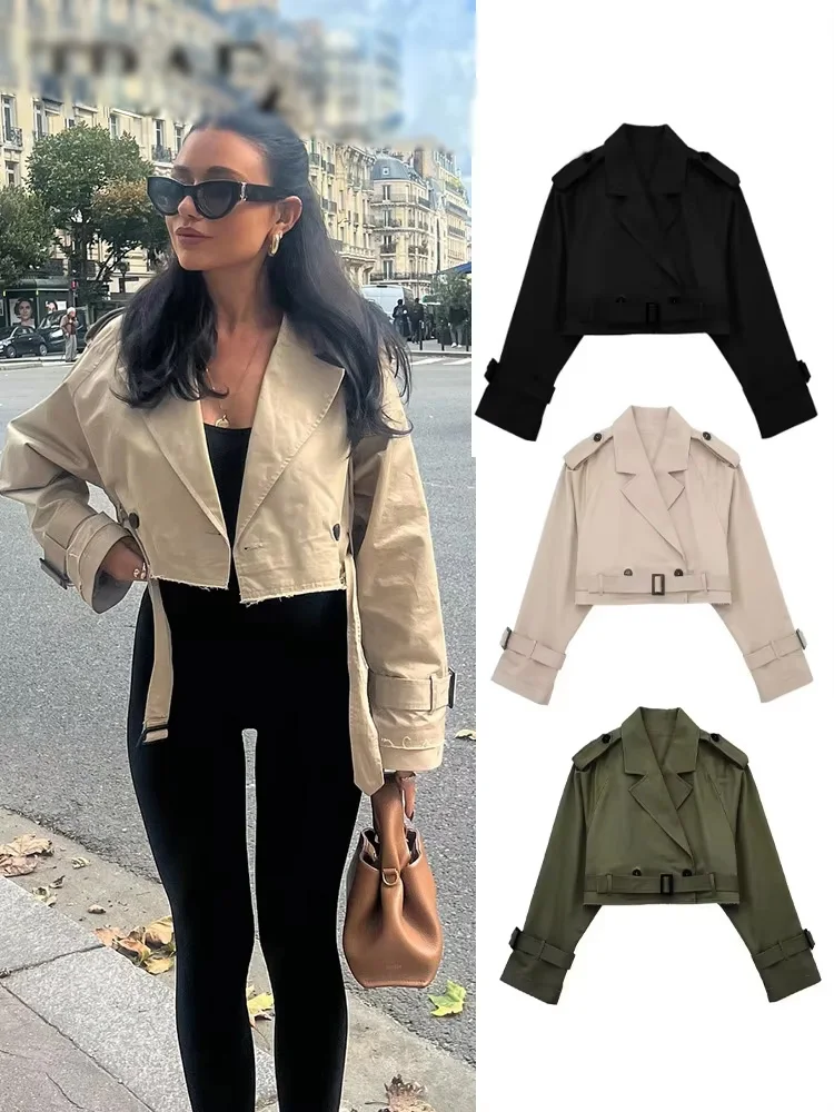 

2025 Autumn Women Fashion Pocket Lapel Casual Coat Khaki Long Sleeve Button Woman Elegant Cropped Trench Jacket Raw Edge Street