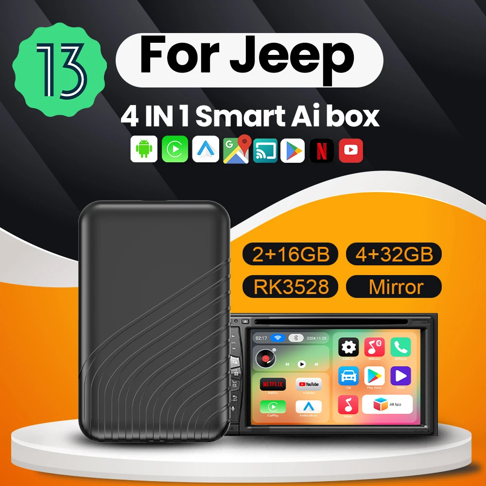 Wireless Carplay Android Auto CarPlay Ai Tv Box Android 13 For Netflix Youtube For Jeep Compass Grand Cherokee Renegade Wrangler