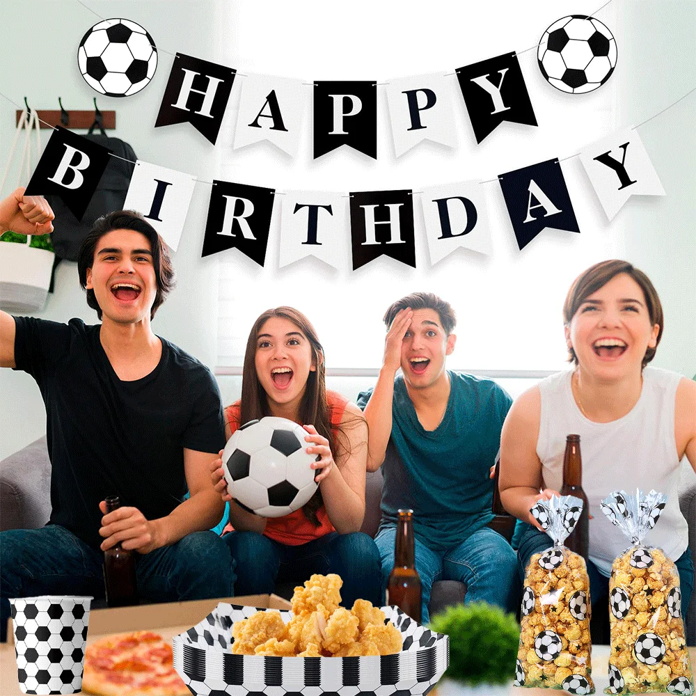 Fußball-Themenparty-Dekoration, Happy-Birthday-Banner, Fußball-Tischgeschirr, Popcorn-Box, Geschenktüte für Jungen und Mädchen, Sport-Fußball-Fans-Zubehör – Detail 3