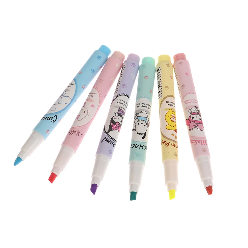 Sanrio Olá Kitty Highlighter Pen, Kawaii, Kuromi, Melodia, Arte Cinnamoroll, Marcadores Fluorescentes, Escola, Papelaria de Escritório, 1 Pc, 6Pcs