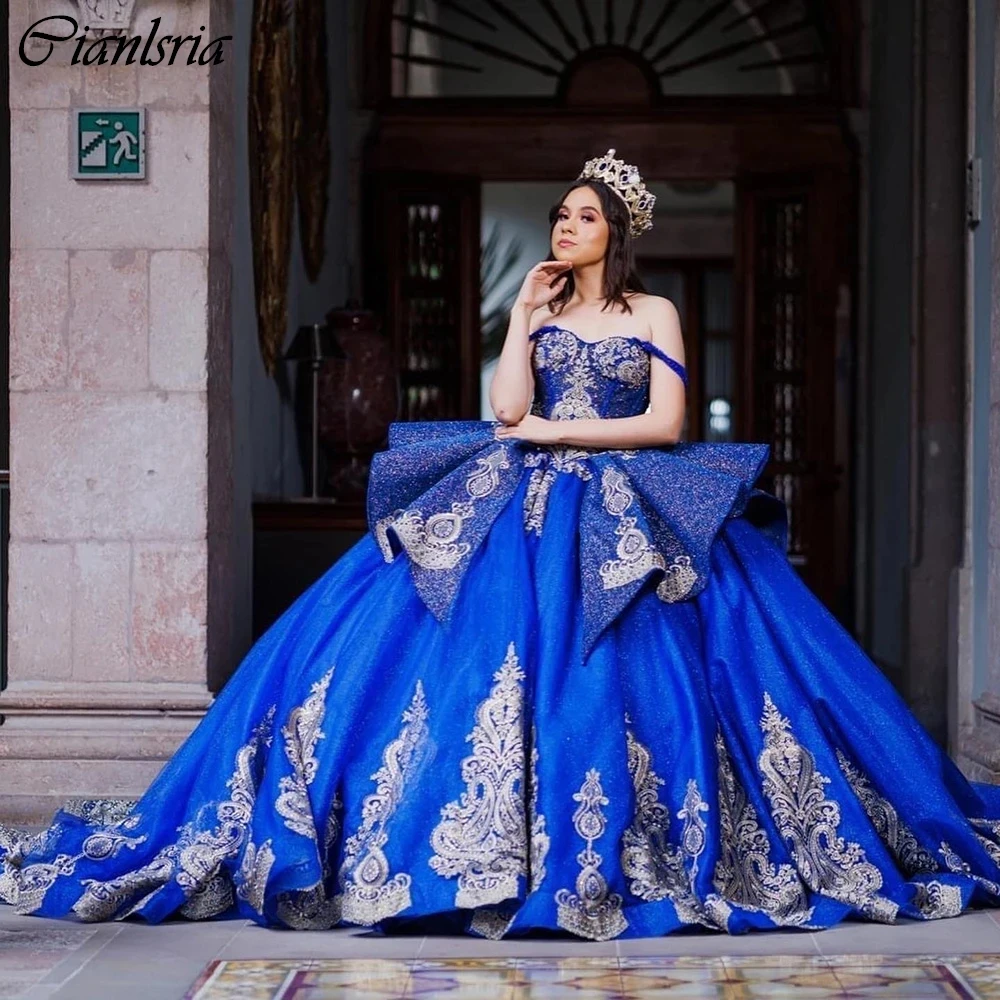 Royal Blue Ruffles Crystal Ball Gown abiti Quinceanera Off The Shoulder Appliques corsetto di pizzo Vestidos De 15 asenos