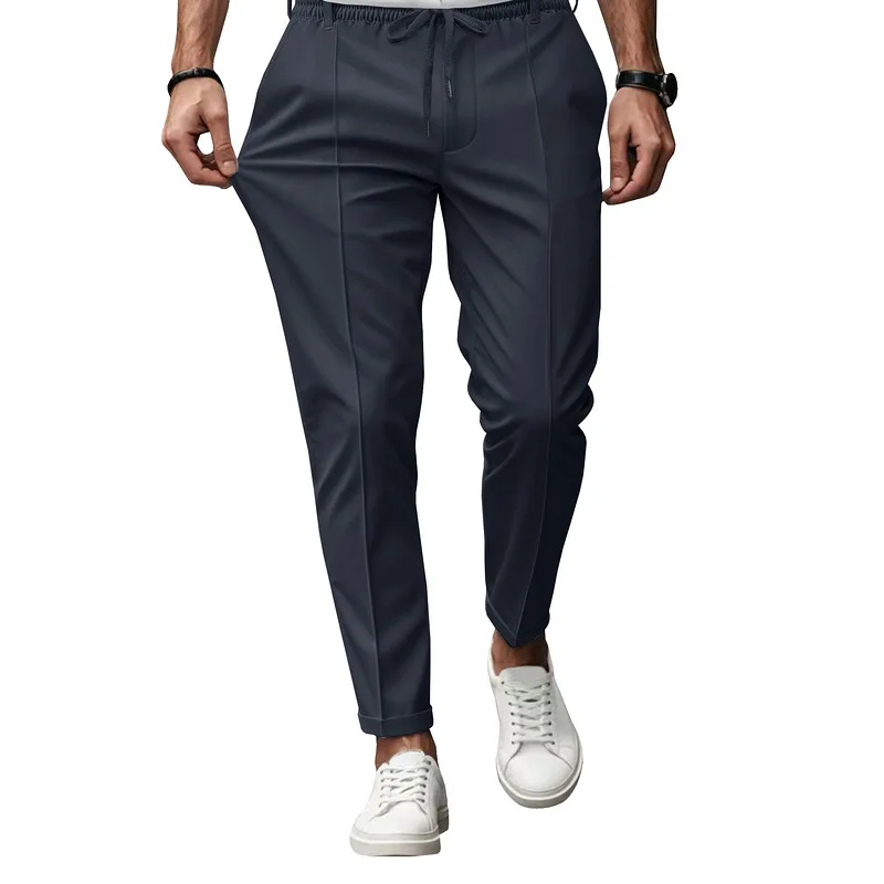 Men Front Seam Drawstring Chino Ankle Pants, Elastic Waist Roll Cuff Slim Fit Wrinkle Resistant Business Casual Trousers