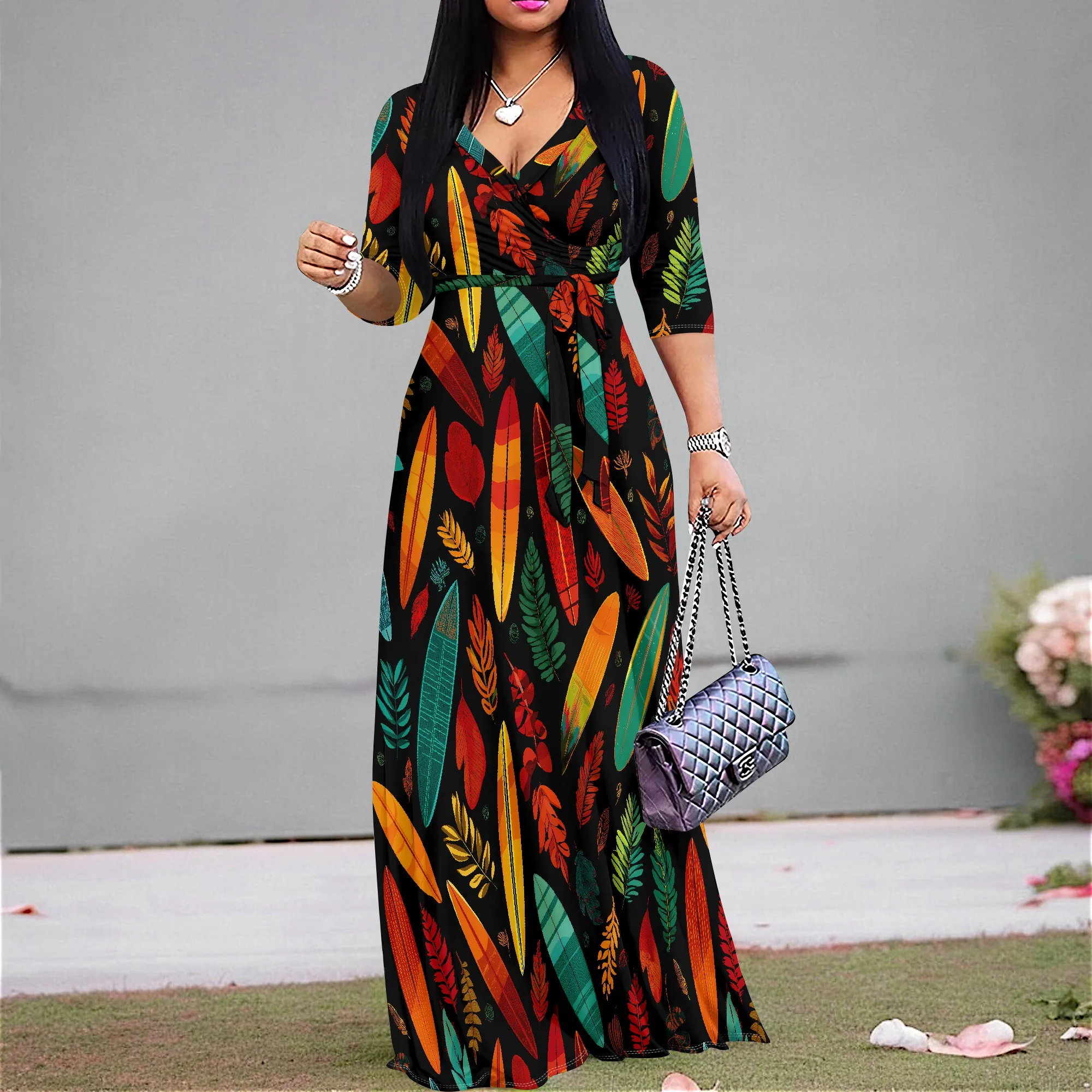 Vestido midi con estampado de plumas, vestido cruzado con cuello en V, vestido largo de media manga con cinturón, vestidos de fiesta de playa de verano para mujer S-3XL