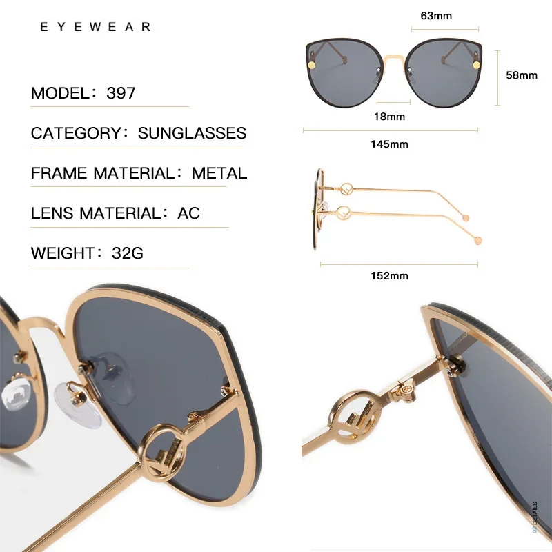 Classic Cat Eye Sunglasses Women Fashion Metal Big Cateye Sun Glasses For Ladies Vintage Mirror Shades Oculos UV400