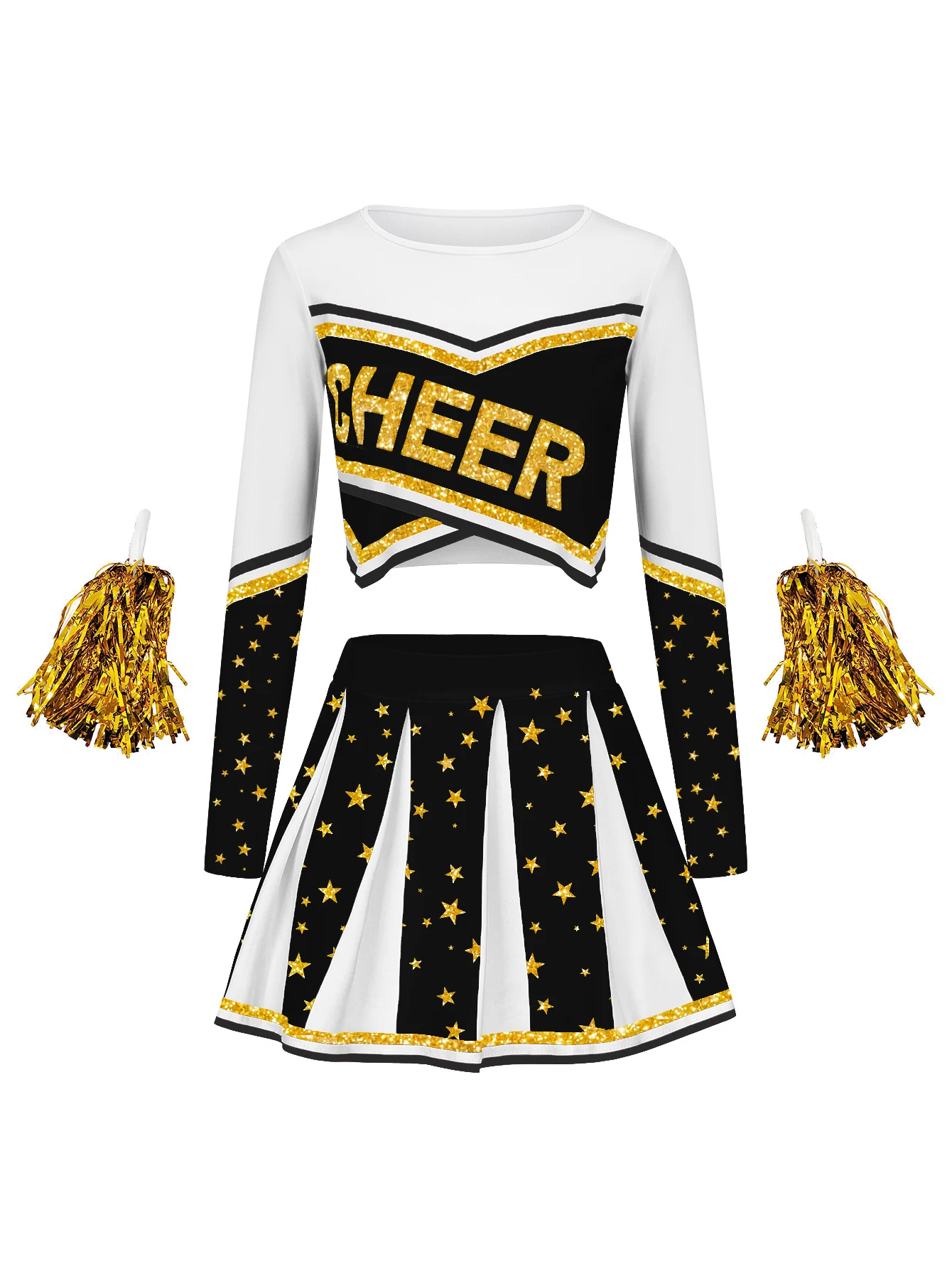 Lässiger und bequemer Damenrock mit langen Ärmeln und Sterndruck für Feiertagsaufführungen, Cheerleaderuniformen, Damenoutfit