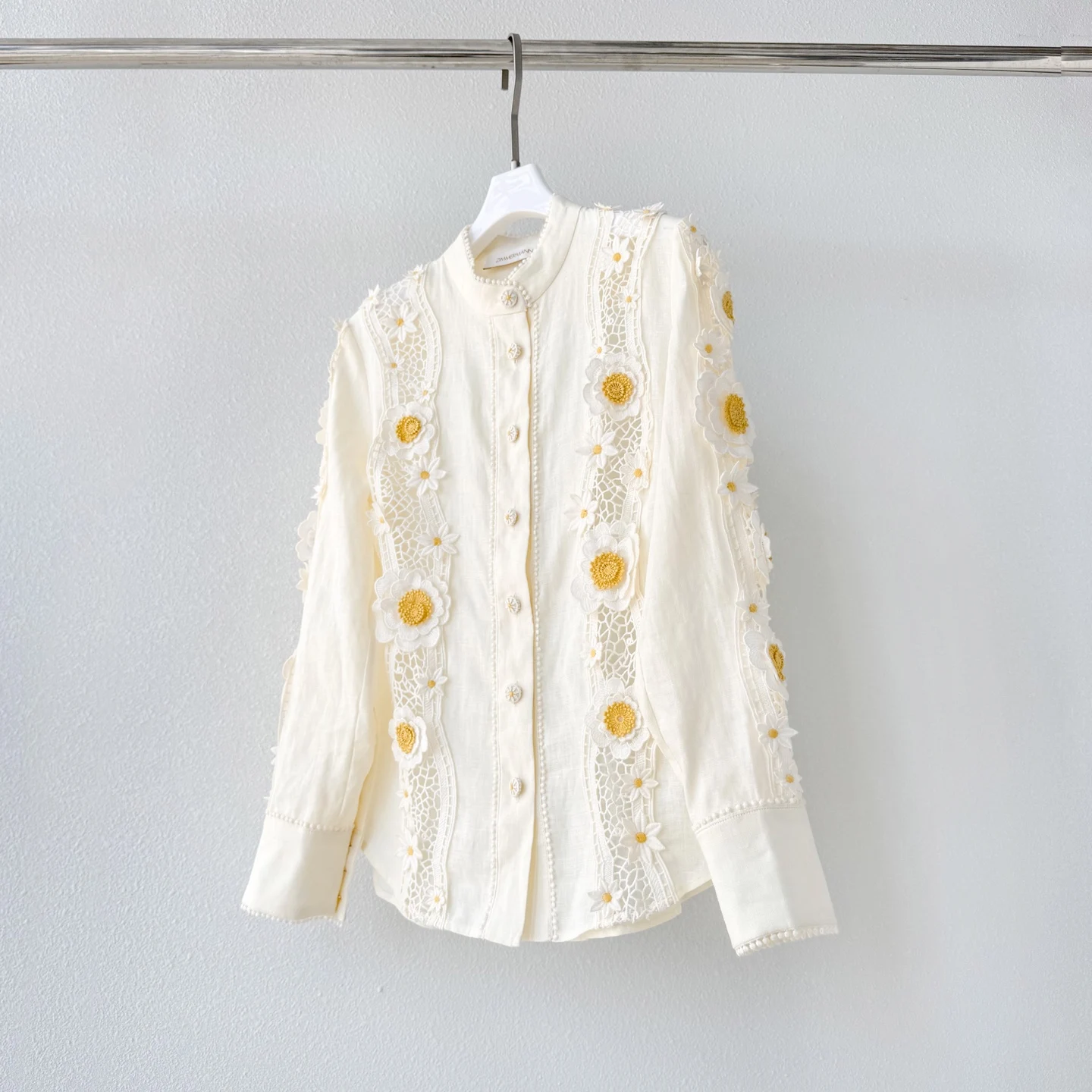 

Spring Summer Vintage Linen Shirt Patchwork Long Sleeves Women's Stand Collar Top Floral Embroidery Buttons Designer