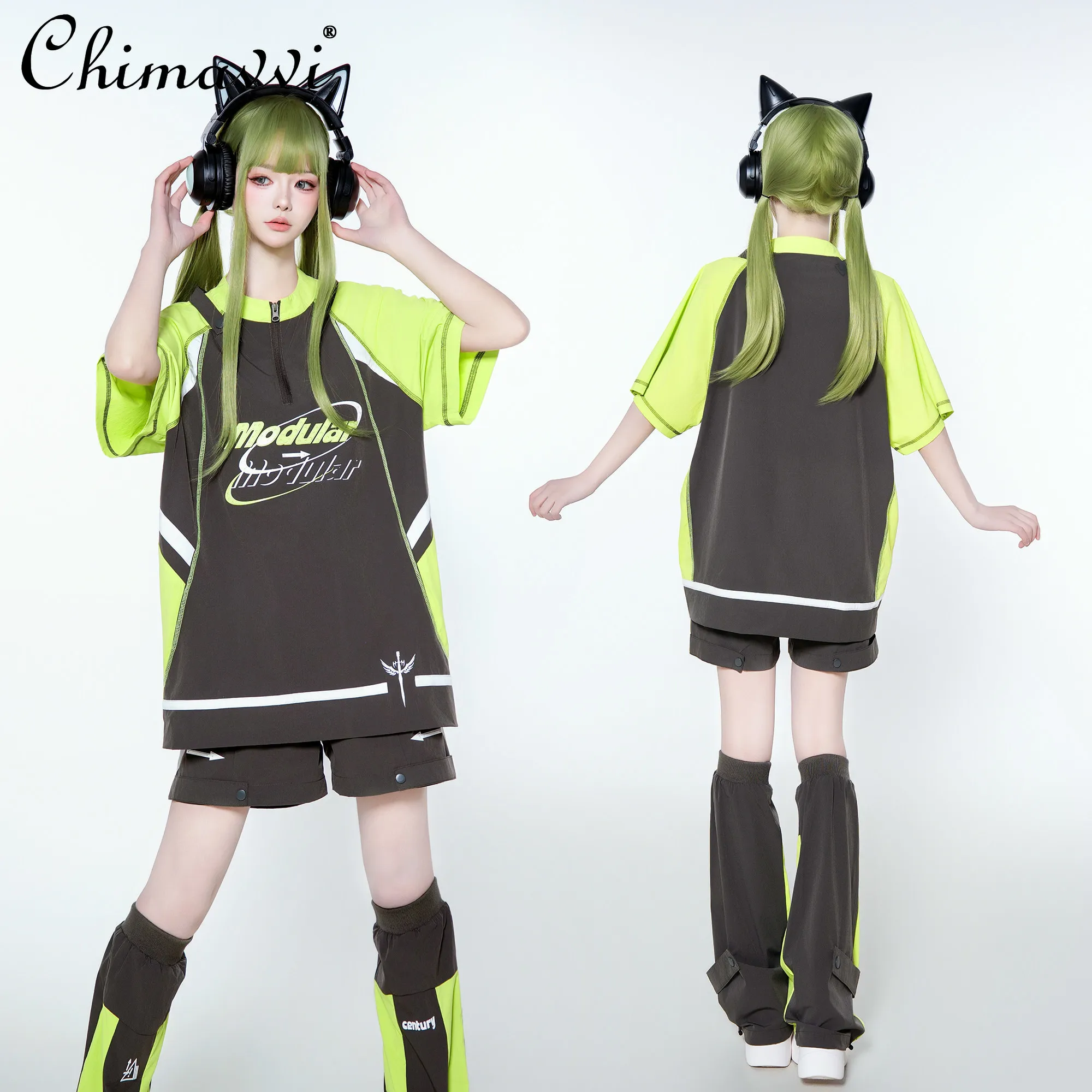 

Original Japanese Anime Style Quick-dry Sports Sets Cool Girls Crew Neck Short Sleeve Loose T-shirt Top Shorts with Leg Warmers