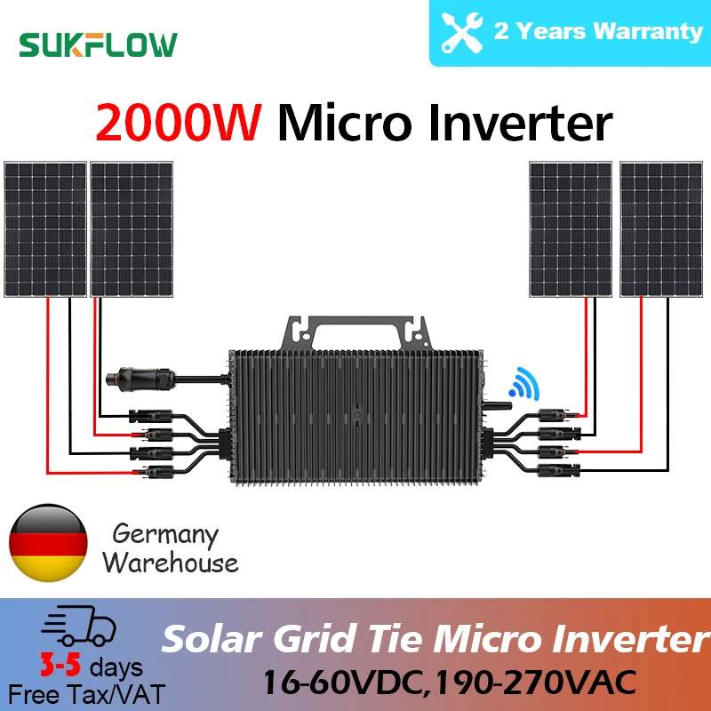 SUKFLOW 2000 W Grid Tie Mikro-Wechselrichter 16–60 VDC auf 190–270 VAC MPPT-Mikro-Wechselrichter für