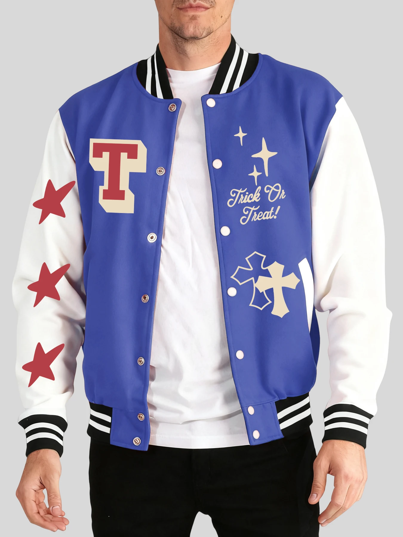 

Trick Or Treat Letter And Stars Pattern Baseball Jersey Men Sports Soft Jackets Loose High Street Clothing Autumn Winter Clothes