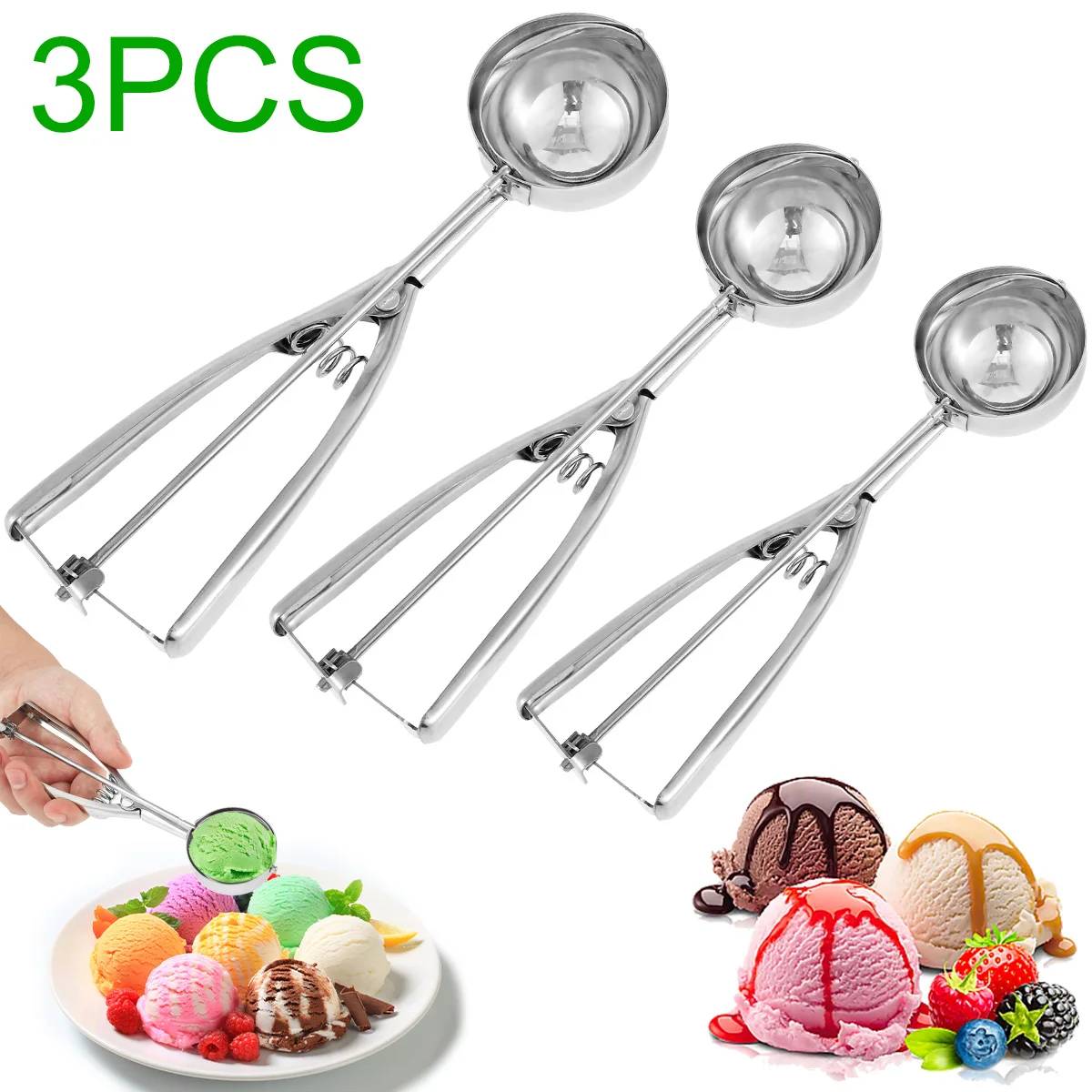 

3Pcs Stainless Steel Ice Cream Scoops Set with Trigger Release 4/5/6cm Multifunctional Cookie Scooper for Baking Meatball Muffin