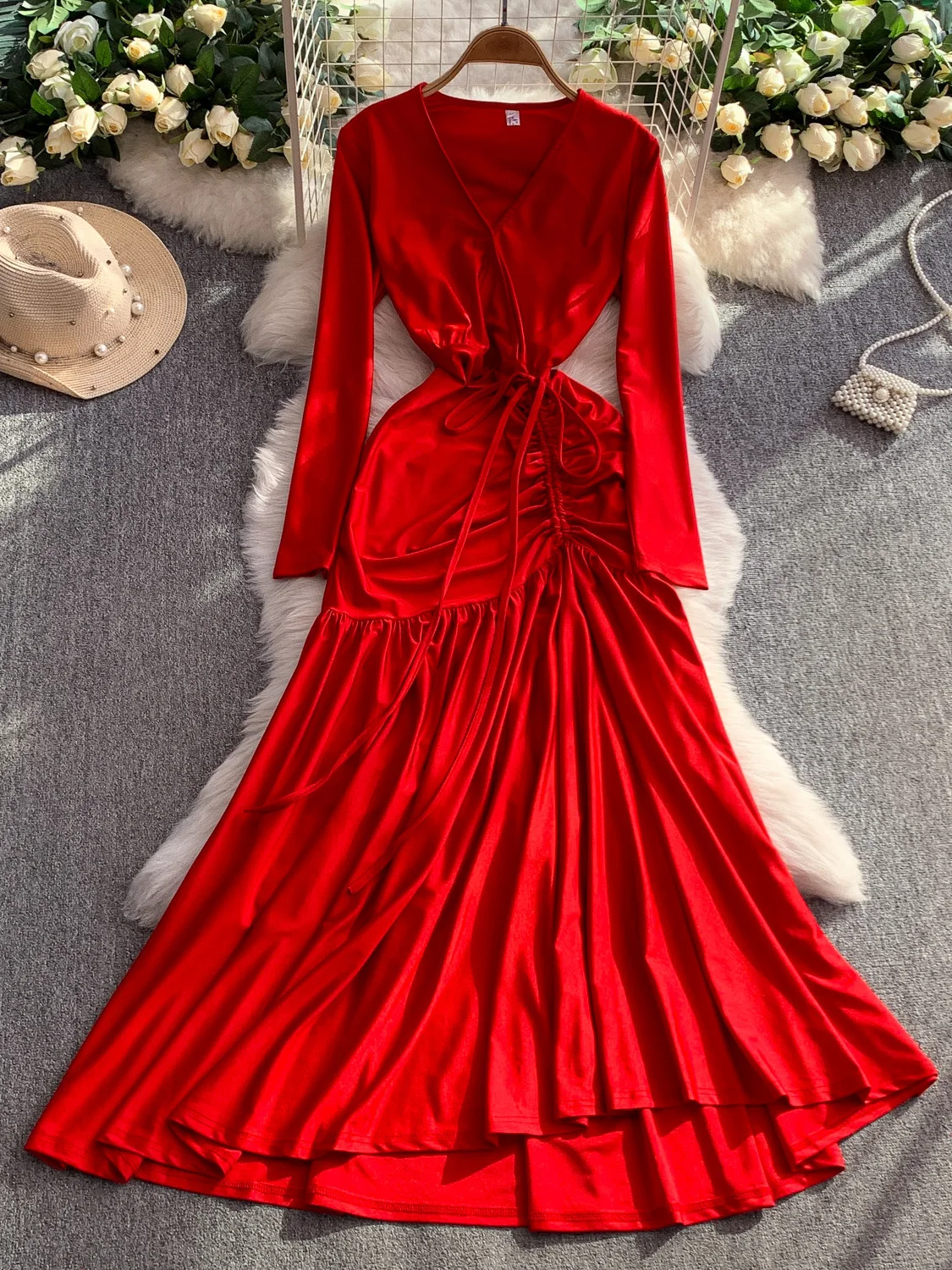 

Pure Desire Long Sve V-Ne Women's Dr Autumn Design Dstring Waist Slimming Fi Tail Gown High Waist A-Line Skirt