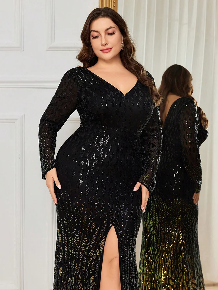 TOLEEN 2024 Luxury Elegant Sequin Party long Dresses  Plus Size Women\'s V-neck Sequined Slit Evening Gown Dress(heavy Industry)