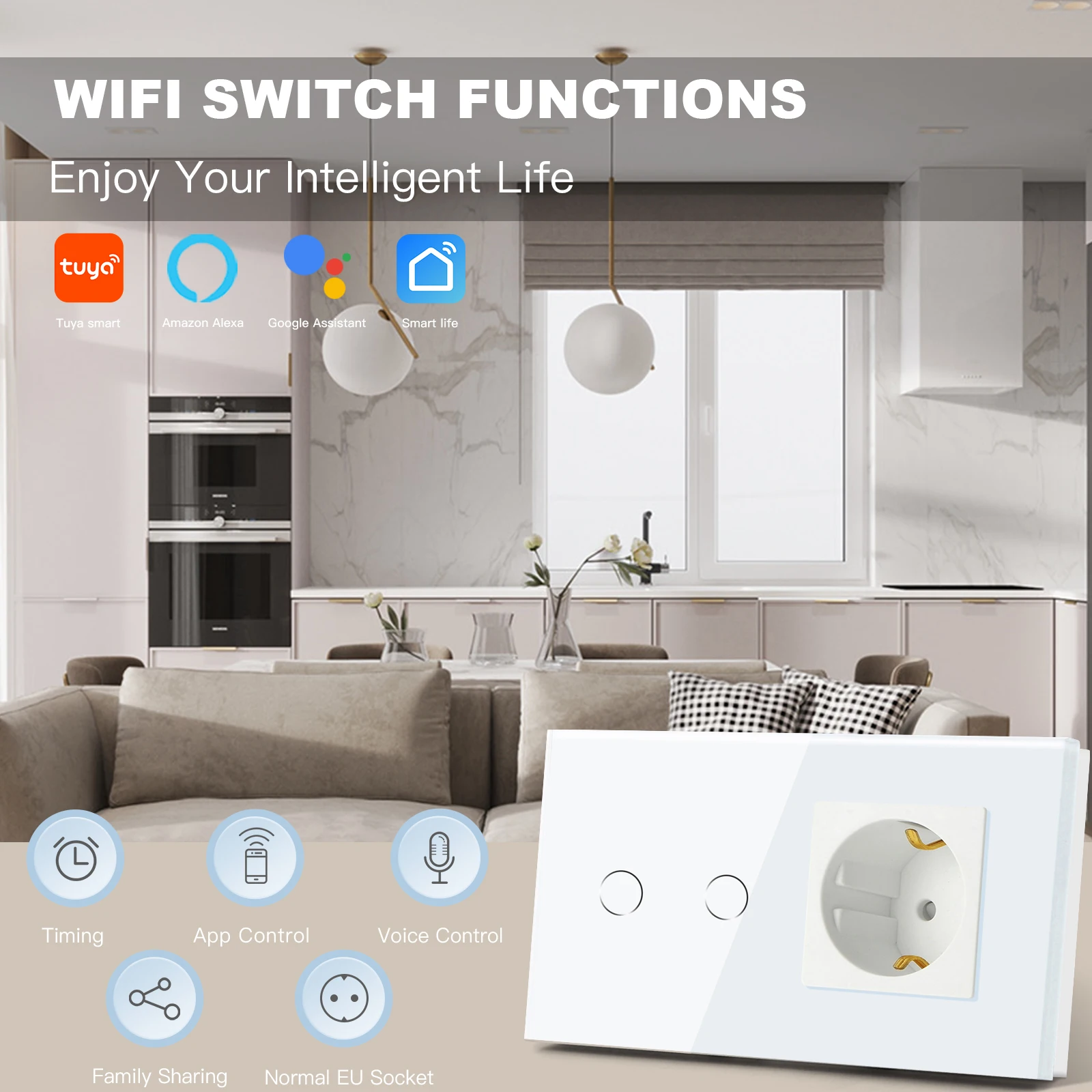 BSEED Wifi 1/2/3Gang Smart Touch Schalter 1/2/3Weg Wand Licht Schalter Tuya Smart Leben App Steuerung plus Steckdosen EU Standard