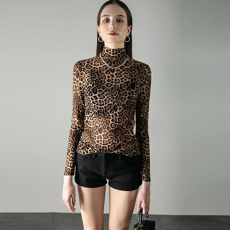 Mesh Leopard Print T-Shirts Spring Autumn New Vintage Elegant Chic Tees High Neck Long Sleeved Sexy Thin Style All-match Tops