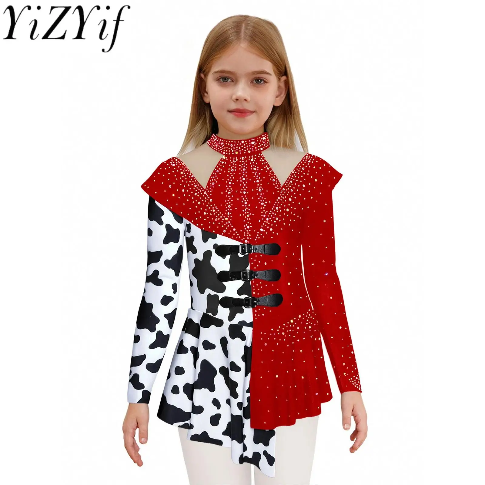

Kids Girl Cow Print Cowgirl Dress Patchwork Long Sleeve Asymmetric Hem Dance Dress for Festival Halloween Party Fancy Dress