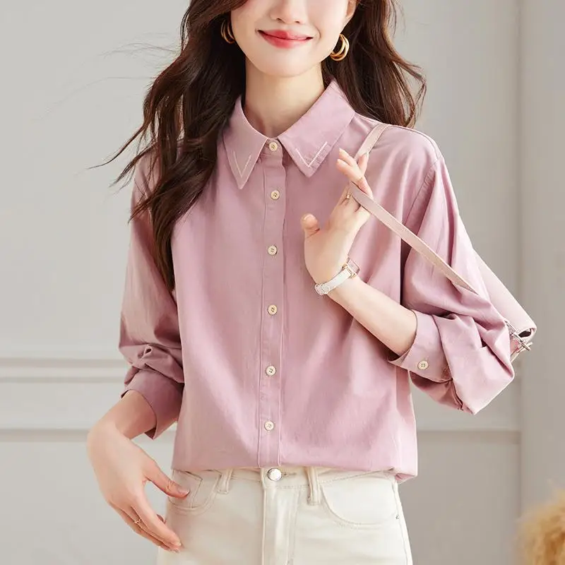 

Pure Cotton Women's Long Sleeve Shirt Commute Style Simple Elegant Casual Business Office Lady Top Spring Autumn Fashion