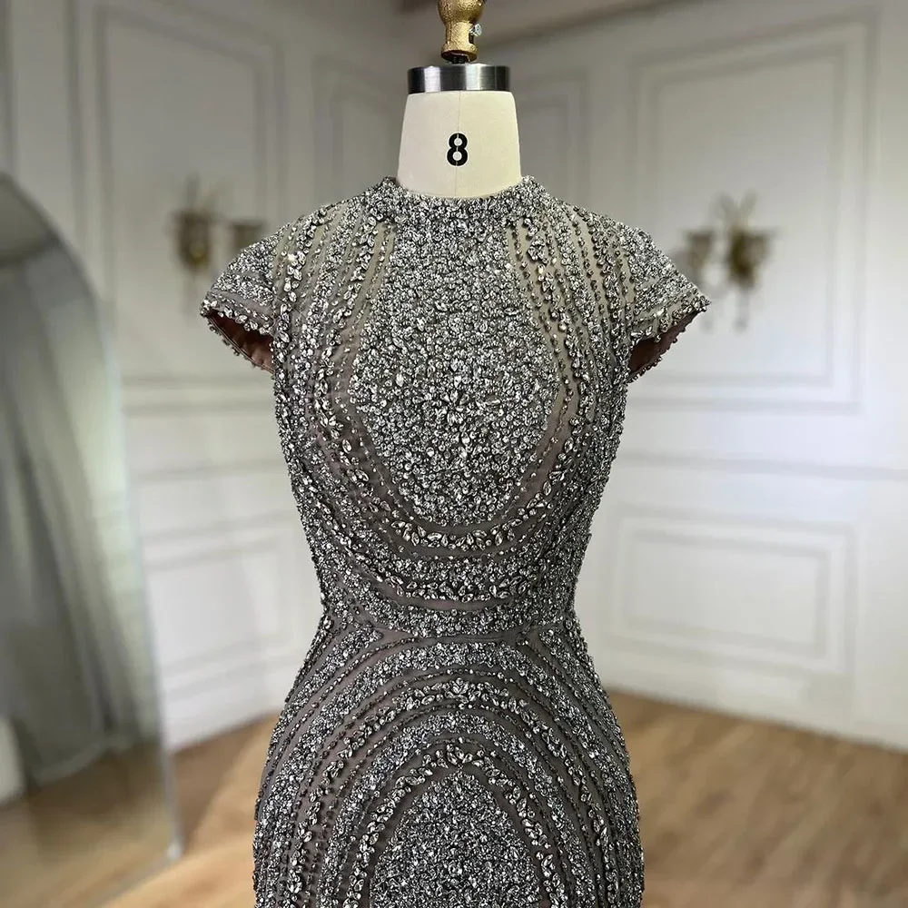 Customized Arabic Dubai Gray Nude Mermaid Floor Length Beaded Luxury Evening Dresses Gowns For Women Wedding Party Modern Style