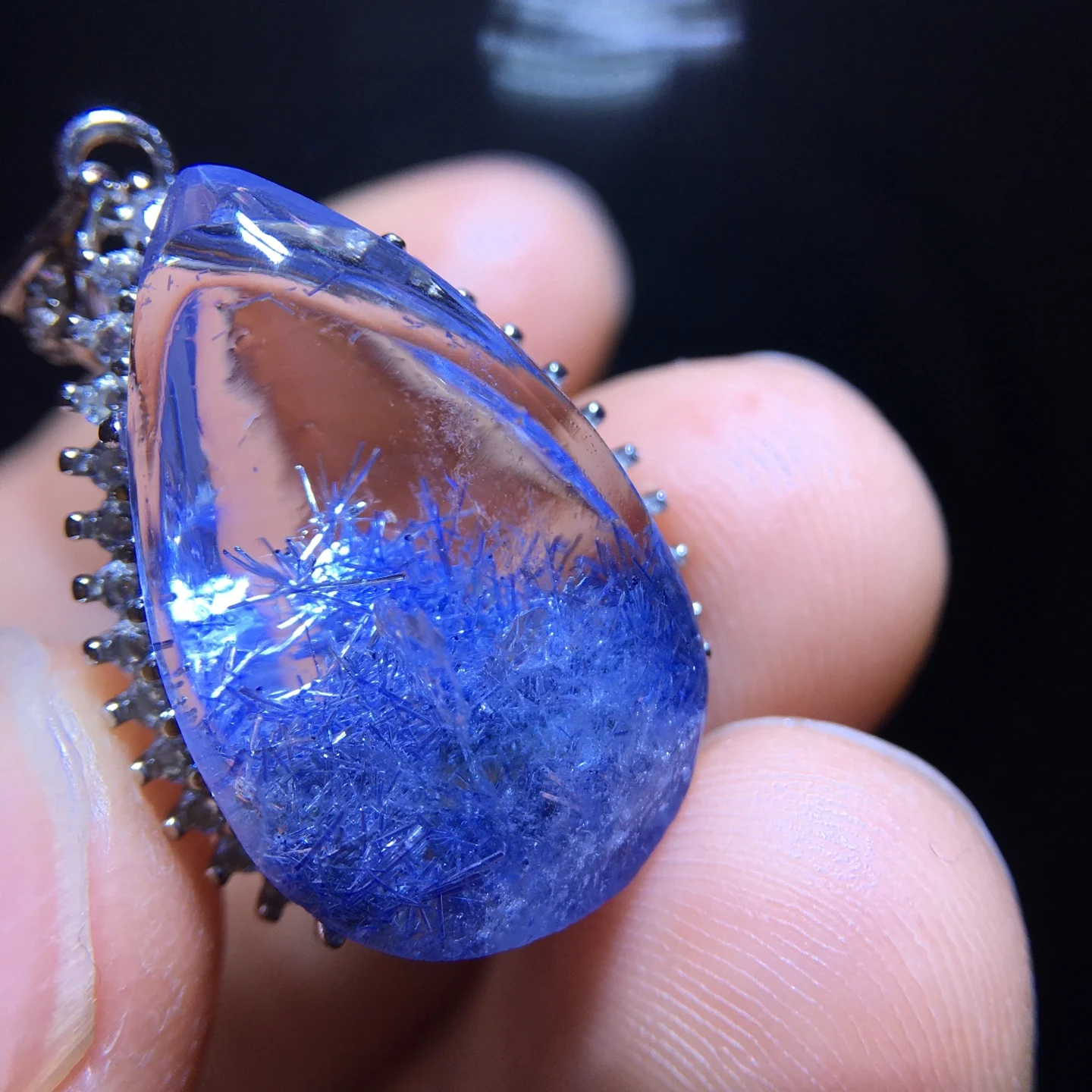 Natural Blue Rutilated Dumortierite Quartz Pendant Water Drop 21.2/13.3mm Clear Flower Necklace Gold Jewelry AAAAAAA