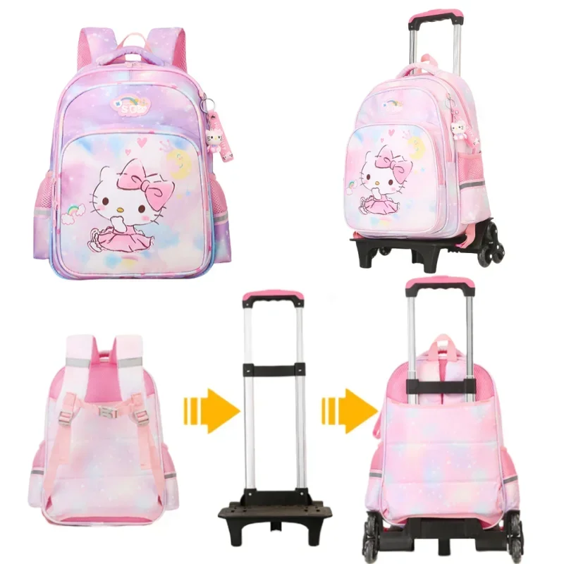 

Sanrio HelloKitty Backpack Climb The Stairs Wheel Pack Student Rolling School Bag Large Capacity Cartoon Knapsack Christmas Gift