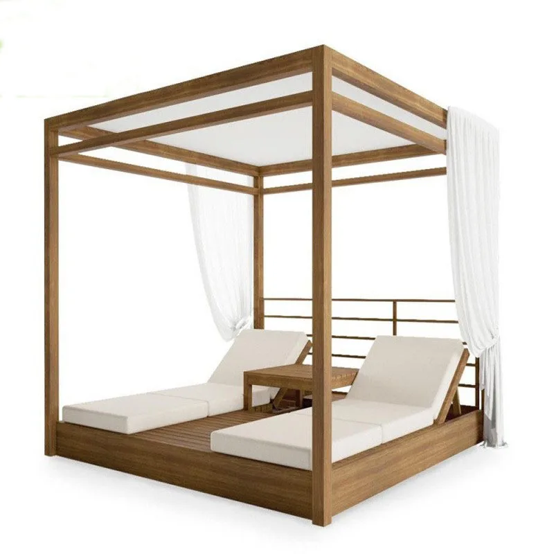 Luxury aluminum furniture outdoor covered sofa bed wooden color hotel villa outdoor sofa bed