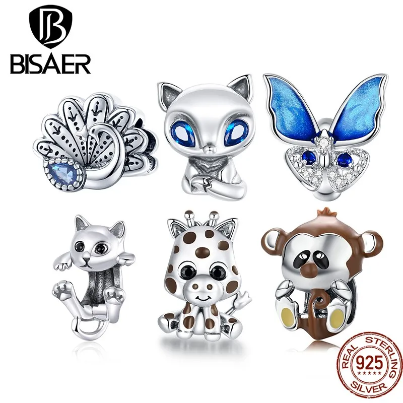 BISAER – Bracelet en argent Sterling 925 pour femme, breloques, chat noir, rétro, paon, girafe, renard vif, singe, perles, DIY, bijoux