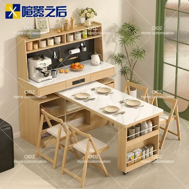 Rotatable Solid Wood Kitchen Island Table with Side Cabinet Integrated Dining Table for Open Kitchen Modern Furniture