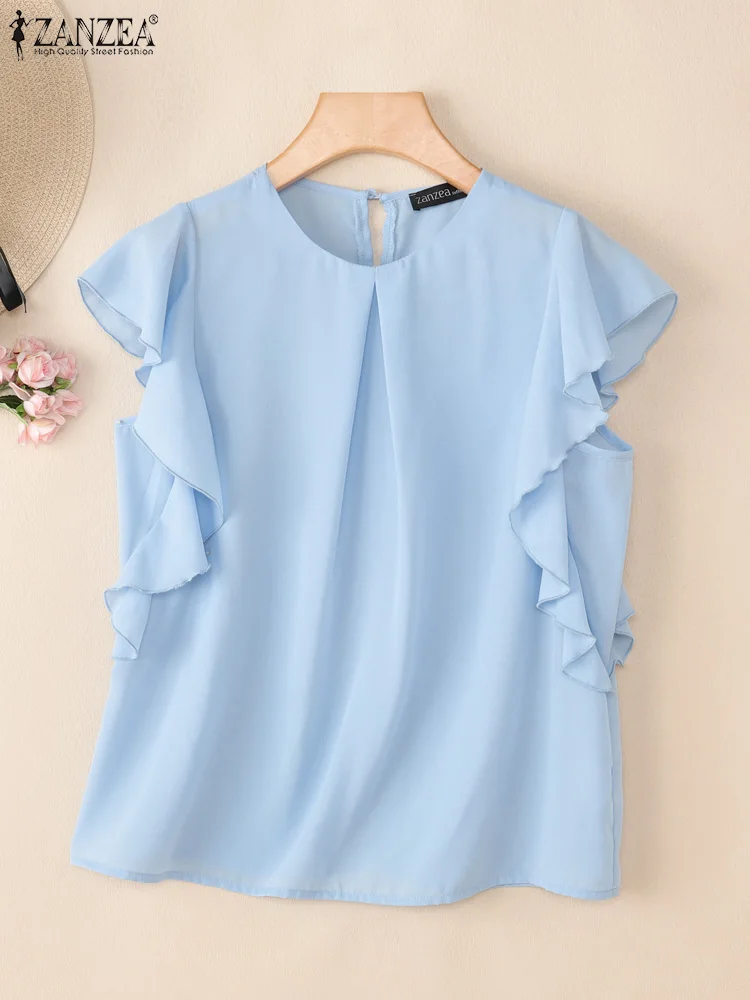

Stylish Summer Blouse ZANZEA 2025 Elegant Office Shirt Women Short Ruffled Sleeve Tunic Tops Mujer Casual Solid O Necck Blusas