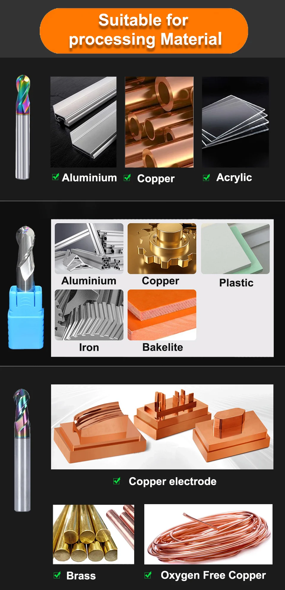 YZH Kugelkopffräser aus Vollhartmetall, Wolframstahl, DLC-beschichtet, HRC55, CNC, 2 Schneidkanten, für Aluminium, Kupfer, Acryl, Eisen, R0,5~R10 – Detail 8