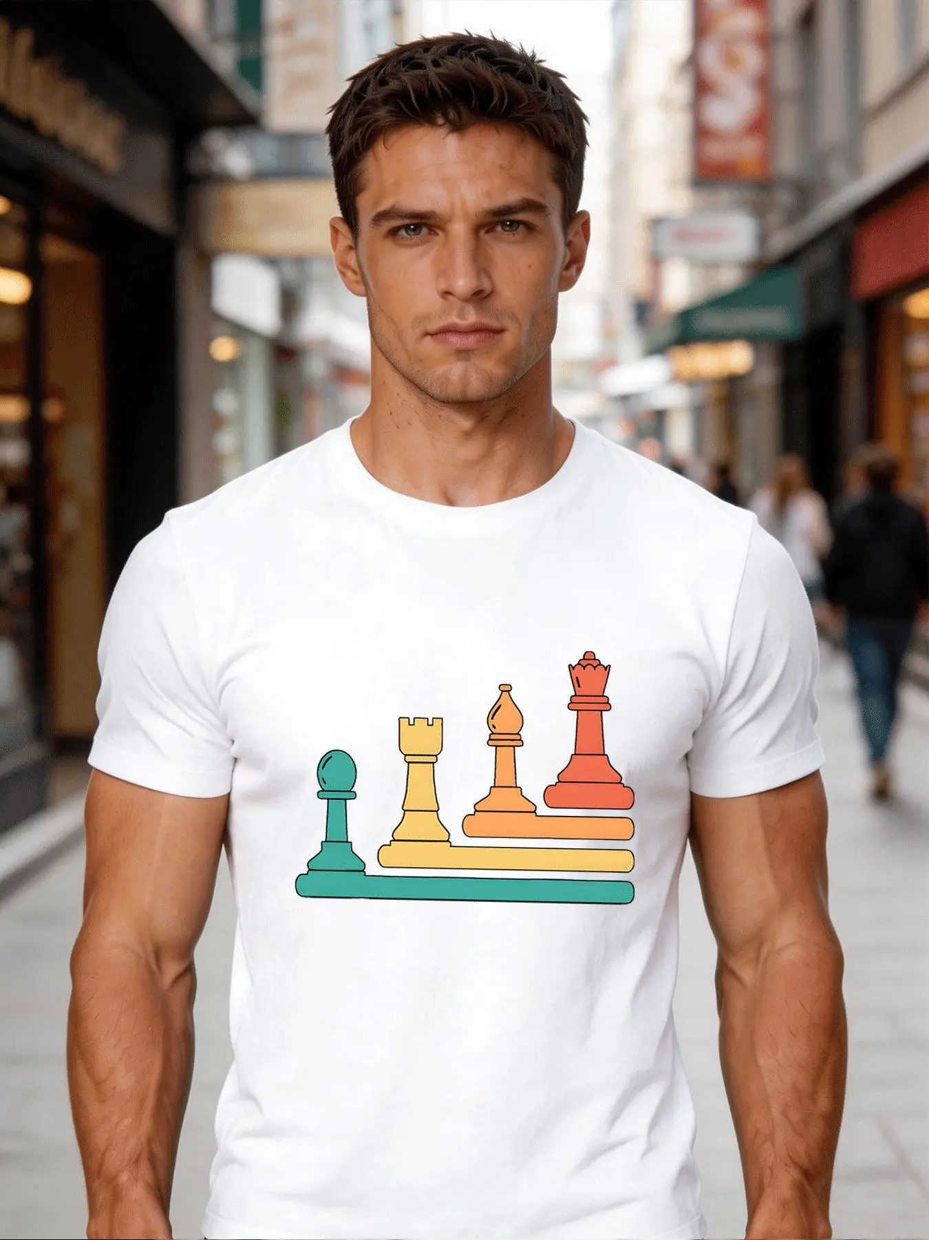 Men Red Crew Neck Tee Gradient Color Pawn Rook Bishop Queen Chess Pieces Graphic Retro Board Game Lover Casual Cotton Tops