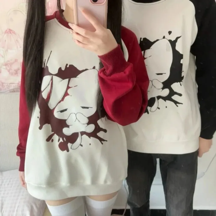 

Японский консервативный стиль, студенческая женская толстовка, кавайные повседневные толстовки с мультяшным принтом, контрастные цвета, повседневные толстовки в стиле Харадзюку