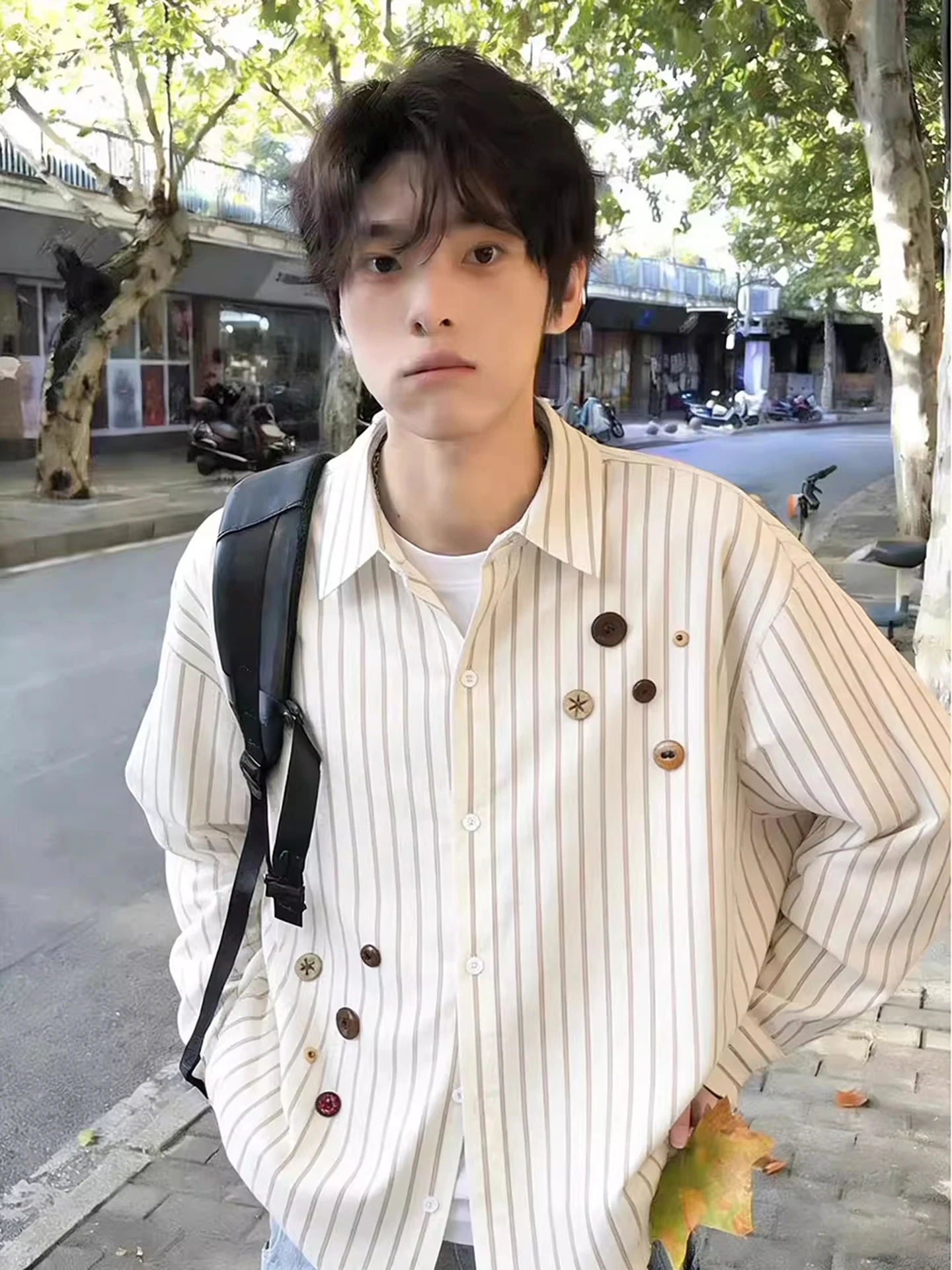 

Japanese Style Long Sleeve Striped Shirt Youthful Sensation Beige Men's Spring Button Design Cleanfit Outerwear Casual Loose Fit