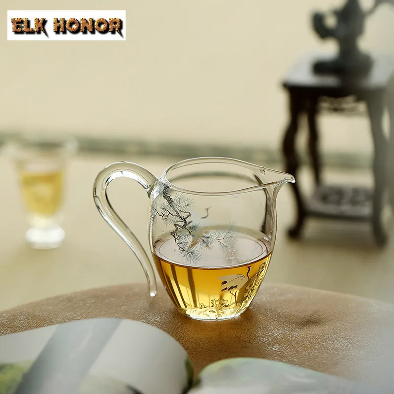 240ml Blue Pine Crane Thickened Glass Tea Pitcher Divide Tea Cha Hai Dispenser Justice Cup Fair Mug Cafes Decoration Accessories