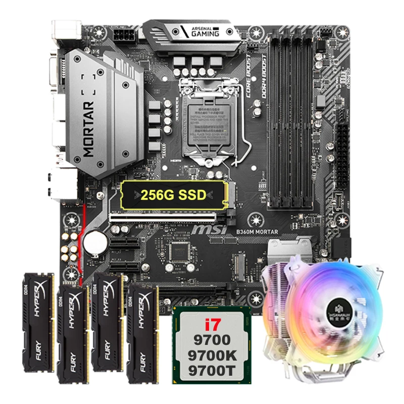 B360M LGA1151 Motherboard with 256G M.2 NVMe SSD DIY Processor Core i7 9700 9700K 4 Tubes CPU Cooler RAM 4*8G 32G DDR4 Memory