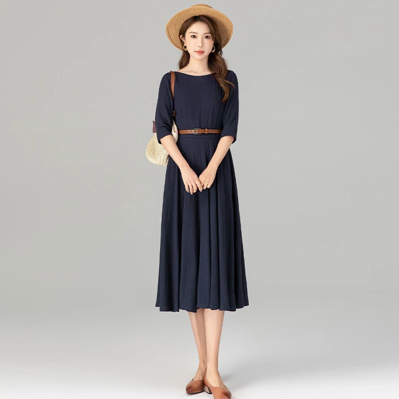 

2026 Spring/Autumn Cotton Linen Dress for Women Off-Shoulder Slim Fit Midi Dress with Waist Cinching – Elegant & Casual