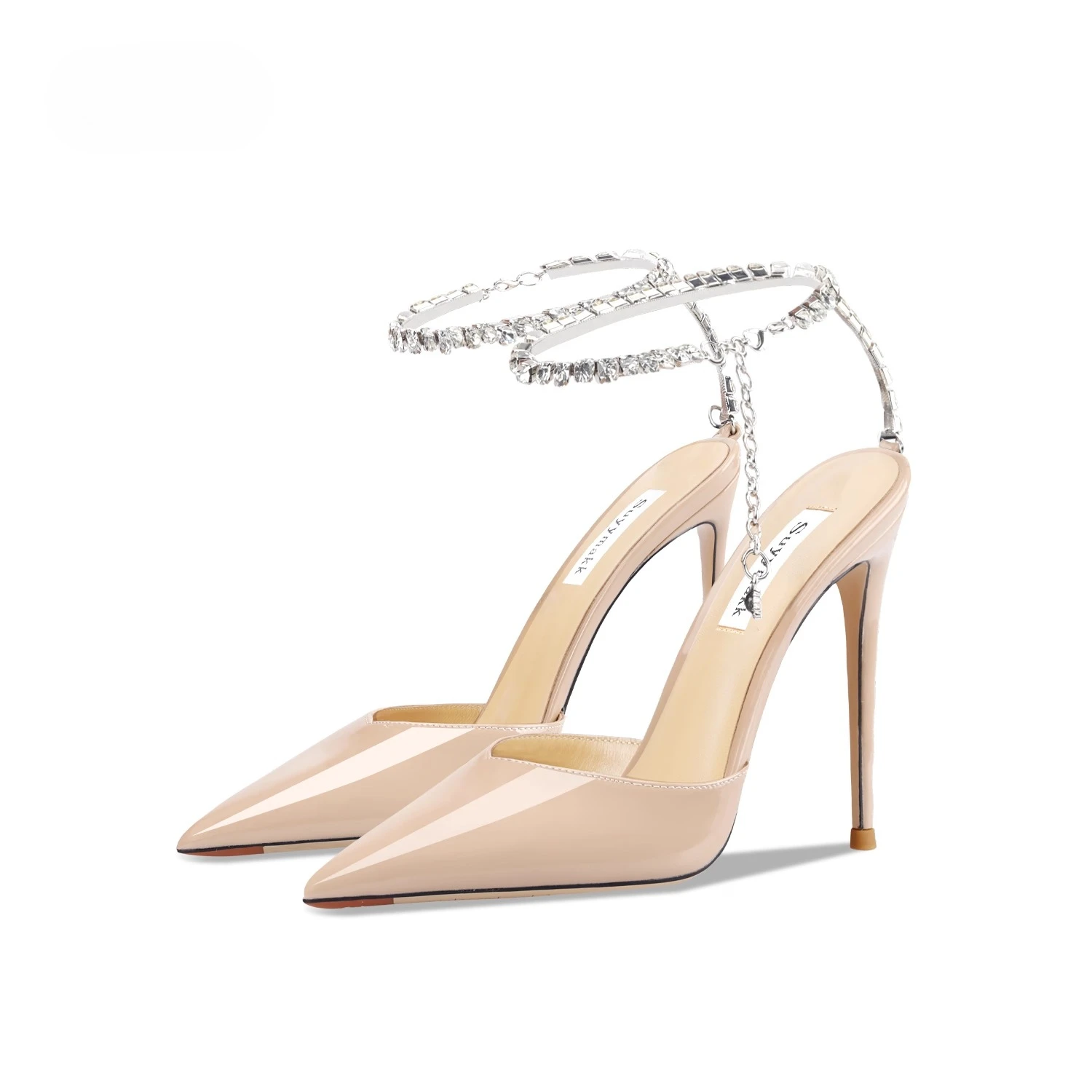 

Женские летние босоножки с V-образным вырезом абрикосового цвета в новом стиле, с заостренной цепочкой и кристаллами на высоком каблуке