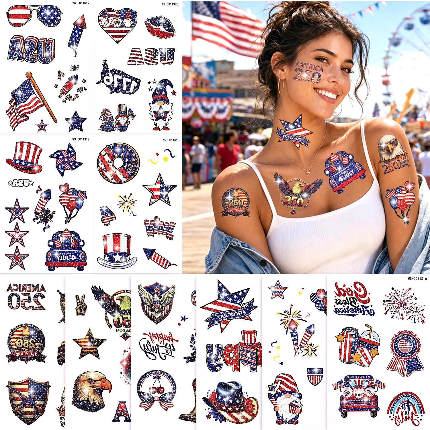 10pcs Mixed Temporary Tattoo Stickers 4th Of July Patriotic USA Flag Fake Tattoos DIY Face Body Festival Parade Party Decor *%%￥
