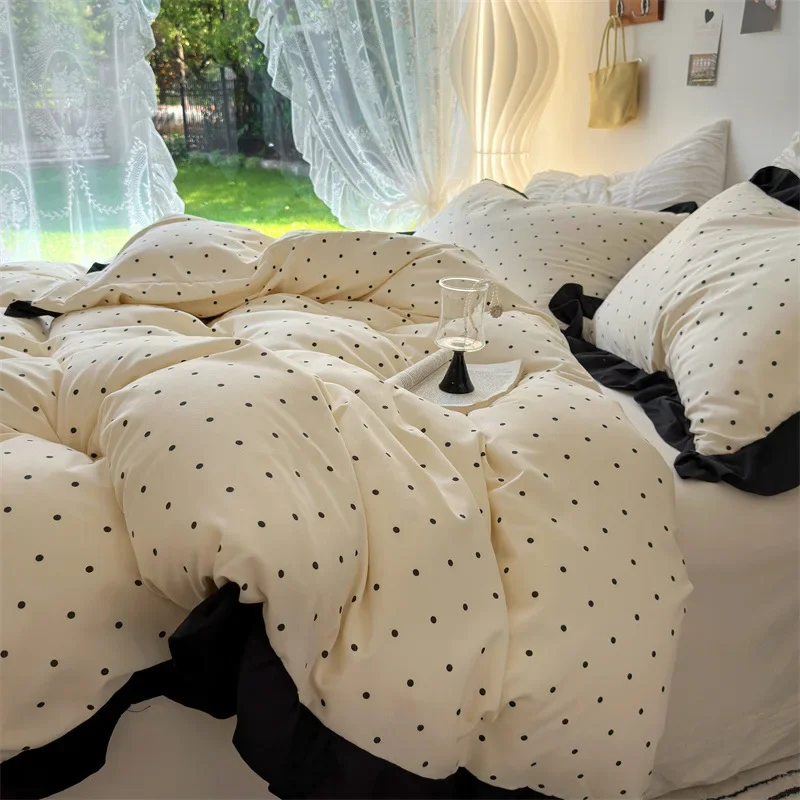 

French ins cream lace polka dot washed cotton four-piece set, bed sheet solid color quilt set three-piece set